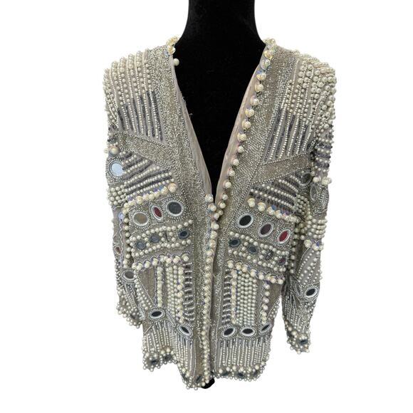ASOS Edition Embellished Pearl & Bead Heavyweight Jacket Gray Size US 8 - Picture 7 of 16